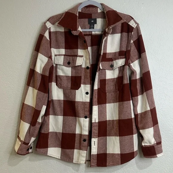 H&M Men’s Rust Burgundy Plaid Flannel Shacket Shirt Jacket Size M - Picture 3 of 12